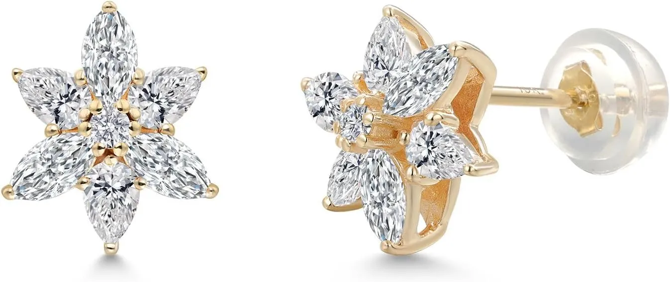 Gem Stone King 10K Yellow Gold Lab Grown Diamond Star Earrings | 0.78 Cttw | Gold Earrings | Flower Earrings | DEF Color | VVS-VS Clarity | Marquise 4X2MM | Pear Shape 3X2MM | Round 1.5MM