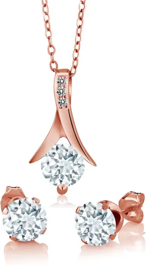 Gem Stone King 18K Rose Gold Plated Silver Sky Blue Aquamarine and White Diamond Pendant Necklace Earrings Jewelry Set For Women (2.30 Cttw, Gemstone Birthstone, with 18 inch Chain)