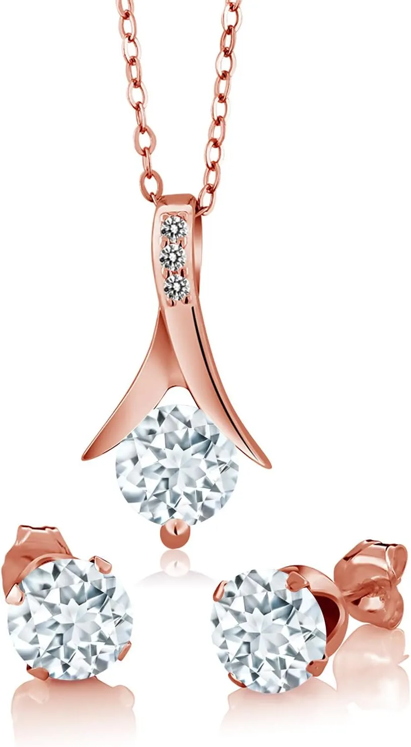 Gem Stone King 18K Rose Gold Plated Silver Sky Blue Aquamarine and White Diamond Pendant Necklace Earrings Jewelry Set For Women (2.30 Cttw, Gemstone Birthstone, with 18 inch Chain)