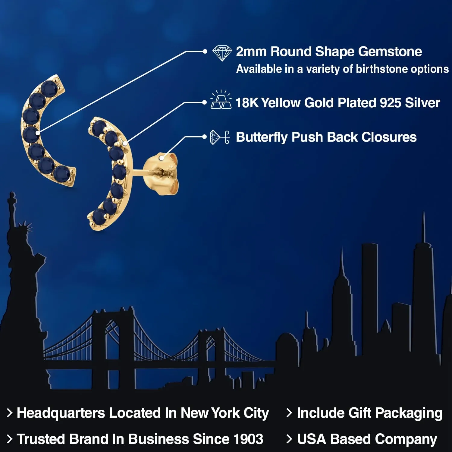 Gem Stone King 18K Yellow Gold Plated Silver Round 2MM Gemstone Stud Ear Crawler Earrings for Women