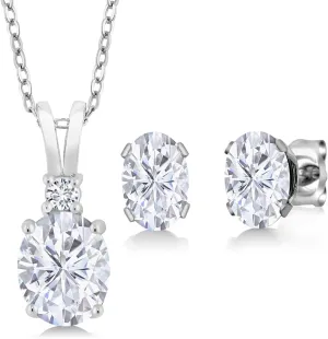 Gem Stone King 3.37 Cttw White Moissanite and White Diamond Pendant Necklace Earrings Set For Women | 925 Sterling Silver | Oval 8X6MM and 7X5MM | With 18 Inch Chain