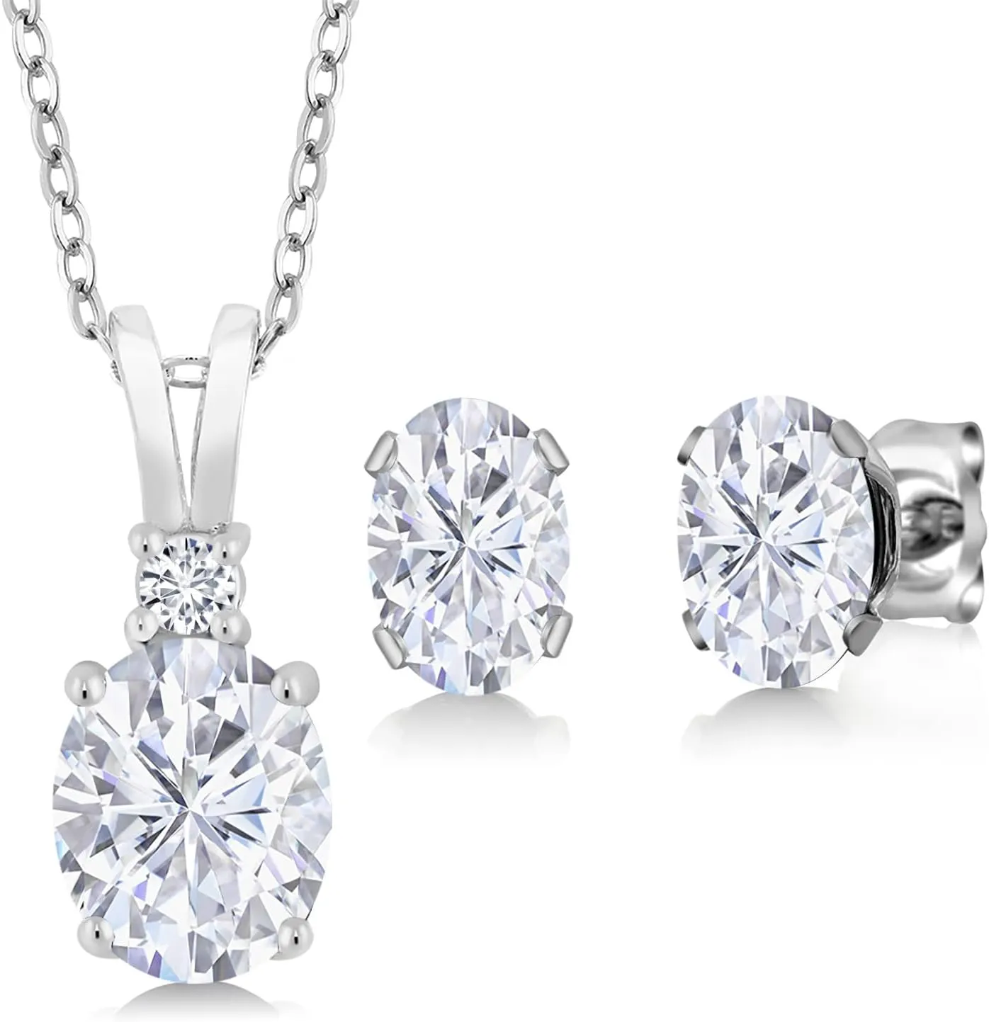 Gem Stone King 3.37 Cttw White Moissanite and White Diamond Pendant Necklace Earrings Set For Women | 925 Sterling Silver | Oval 8X6MM and 7X5MM | With 18 Inch Chain