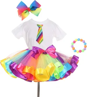 Girls Kids Rainbow T-Shirt and Colorful Ballet Tutu Skirt & Hair Bows with Beaded Bracelet Set