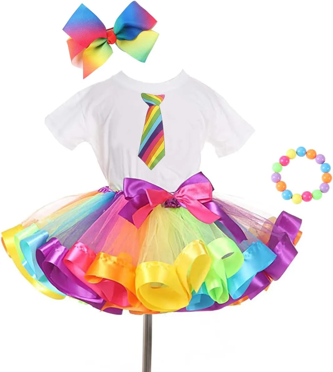 Girls Kids Rainbow T-Shirt and Colorful Ballet Tutu Skirt & Hair Bows with Beaded Bracelet Set