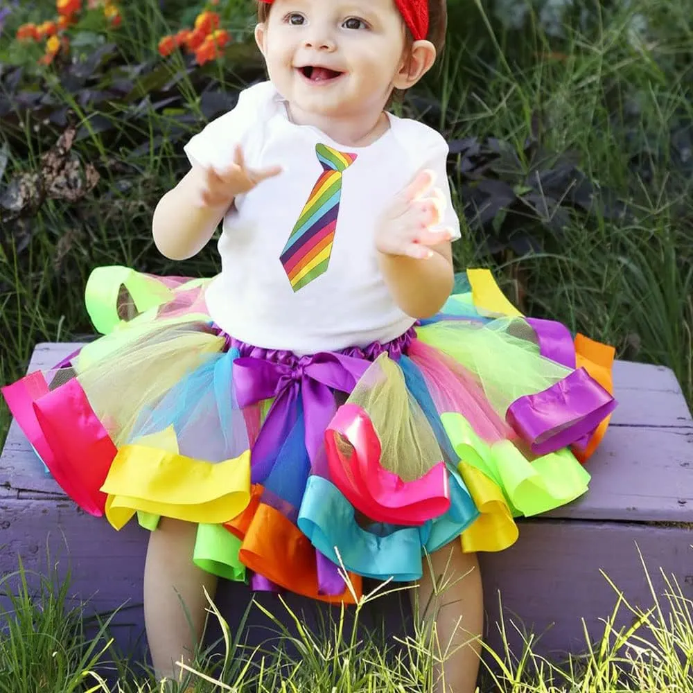 Girls Kids Rainbow T-Shirt and Colorful Ballet Tutu Skirt & Hair Bows with Beaded Bracelet Set