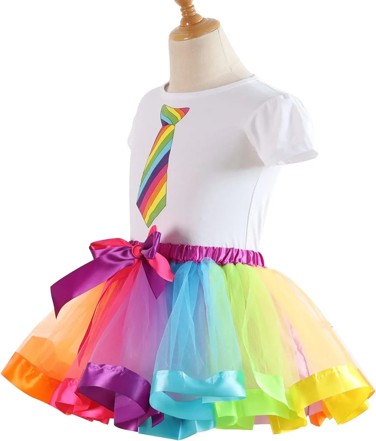 Girls Kids Rainbow T-Shirt and Colorful Ballet Tutu Skirt & Hair Bows with Beaded Bracelet Set