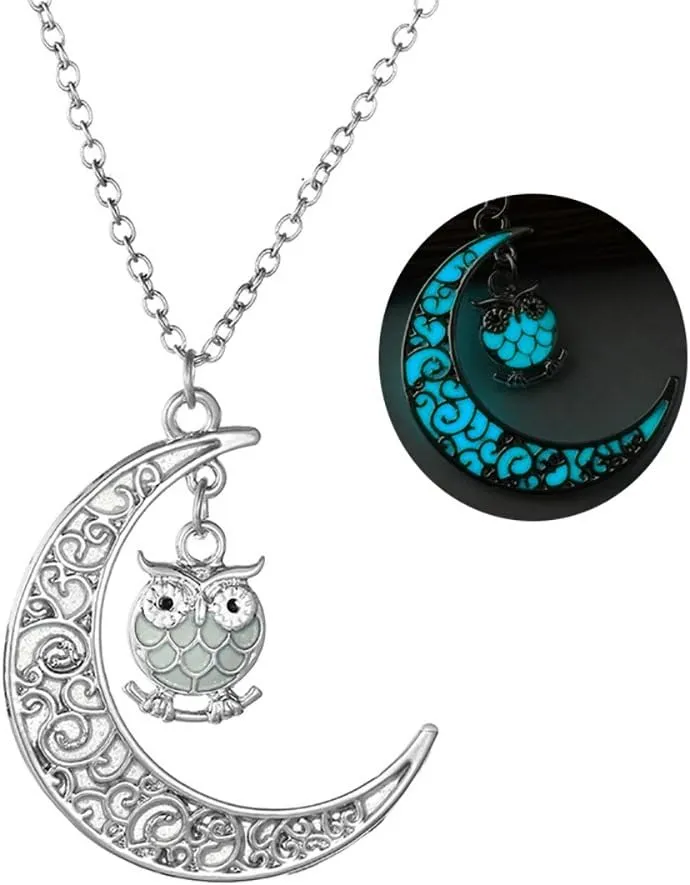 Glow in the Dark Owl Necklace for Women by Ginger Lyne | Illuminates Green or Blue Silver Plated Pendant Bird Jewelry for Her | Gifts for Birthday or Holidays