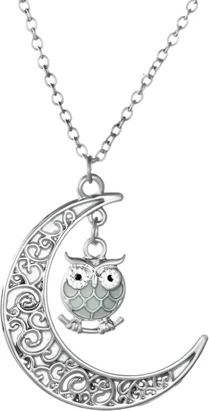 Glow in the Dark Owl Necklace for Women by Ginger Lyne | Illuminates Green or Blue Silver Plated Pendant Bird Jewelry for Her | Gifts for Birthday or Holidays
