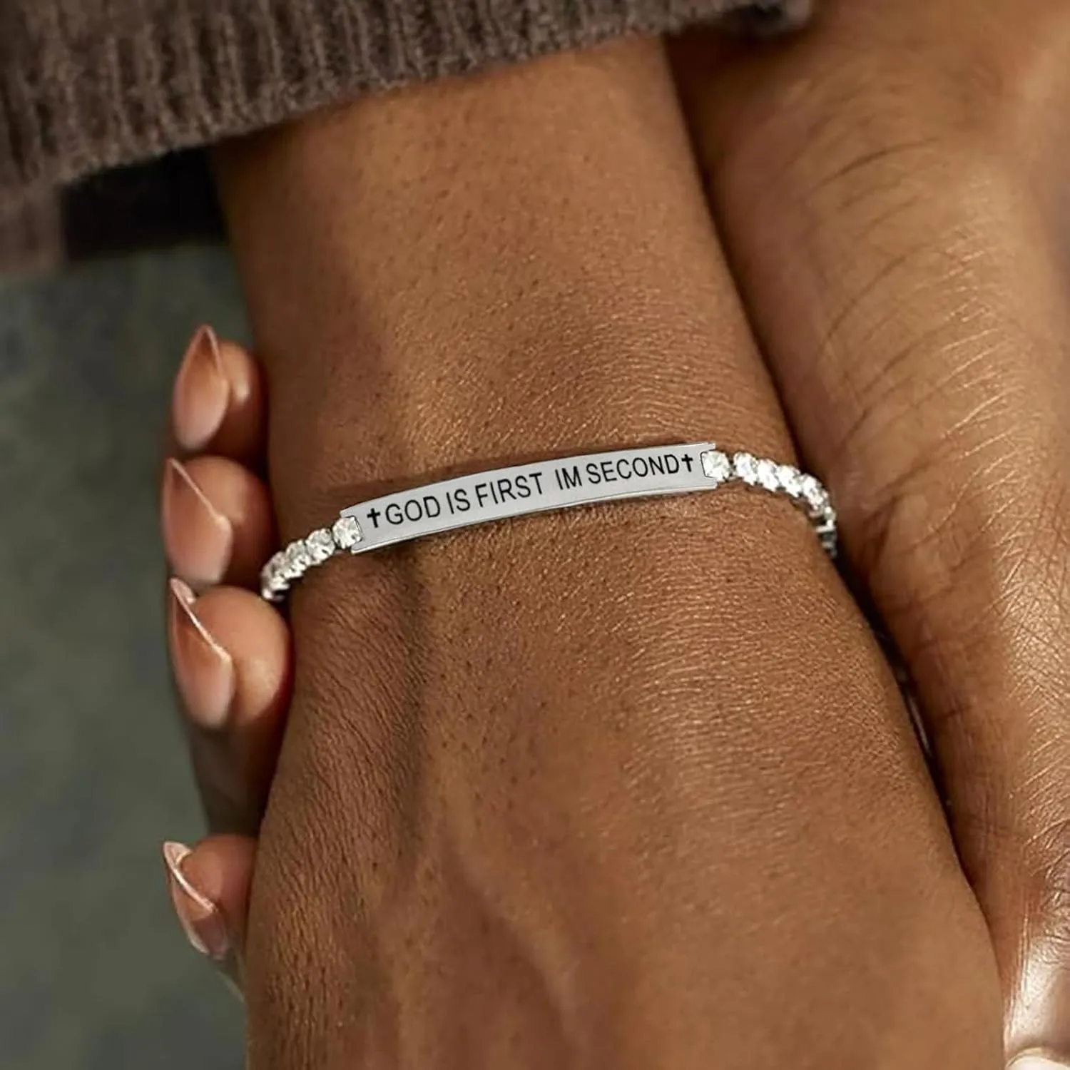 God Is First Bracelet, GOD IS FIRST IM SECOND Christian Crystal Bracelets Inspirational Engraved Bible Verses Cross Stainless Steel Bracelet For Women Men Faith Jewelry