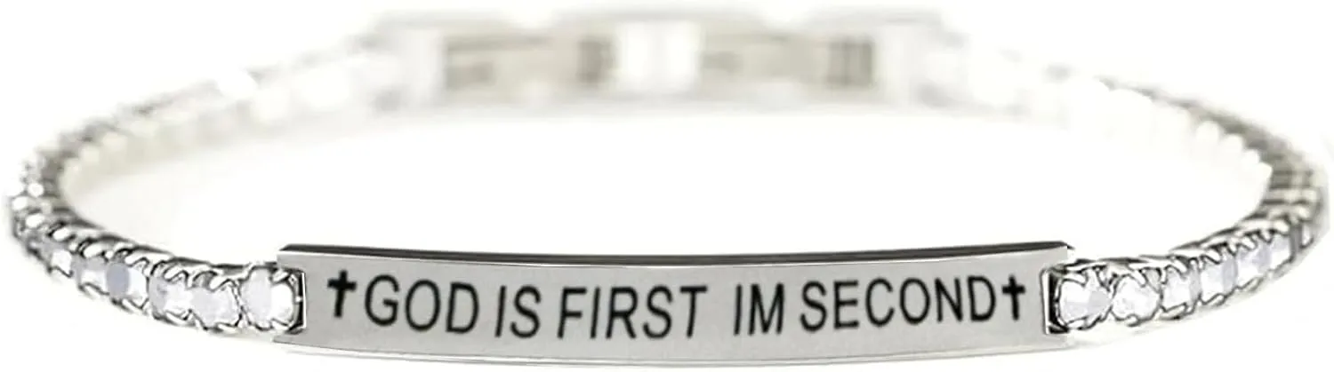 God Is First Bracelet, GOD IS FIRST IM SECOND Christian Crystal Bracelets Inspirational Engraved Bible Verses Cross Stainless Steel Bracelet For Women Men Faith Jewelry