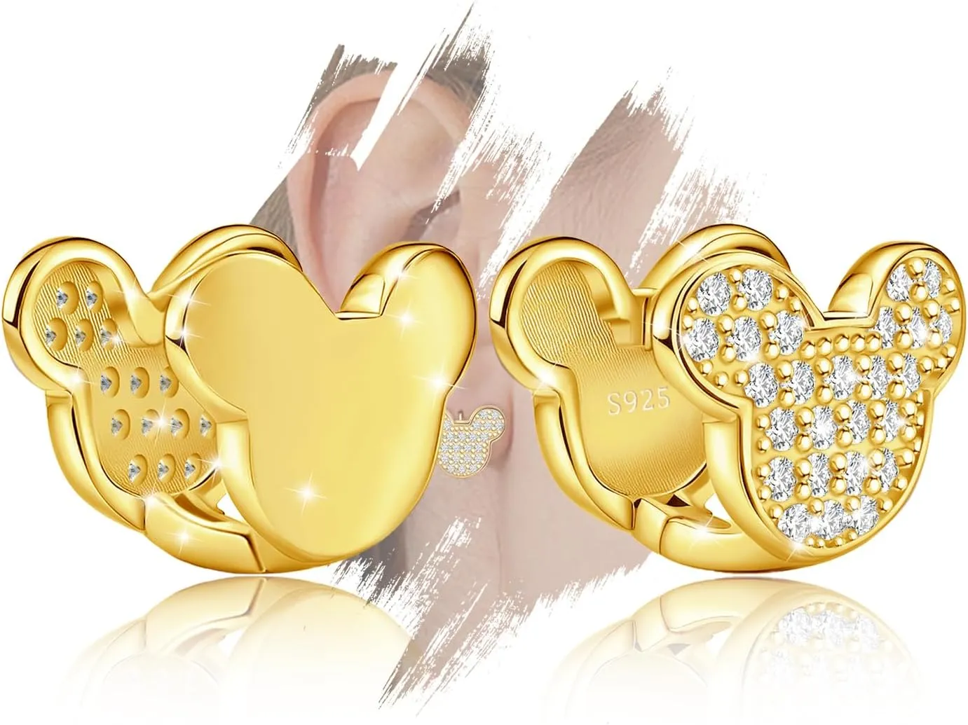 Gold Cute Hoop Earrings for Girls Teens Women - Sterling Silver Hypoallergenic Cubic Zirconia Mouse Earring Dainty Lovely Double Side Loop Earring Fashion Jewelry Adorable Gifts for Christmas Daughter
