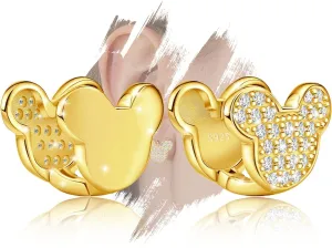 Gold Cute Hoop Earrings for Girls Teens Women - Sterling Silver Hypoallergenic Cubic Zirconia Mouse Earring Dainty Lovely Double Side Loop Earring Fashion Jewelry Adorable Gifts for Christmas Daughter