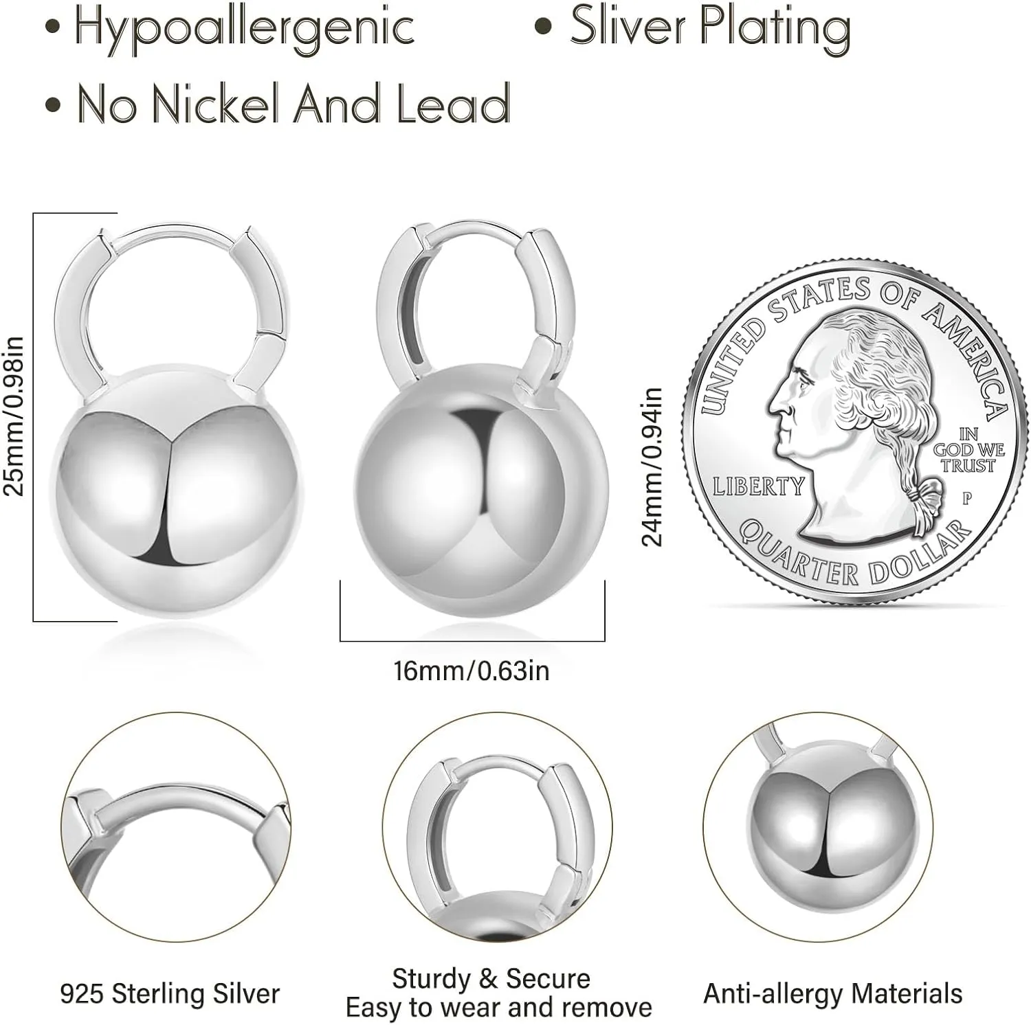 Gold Dangle Earrings for Women Sterling Silver Ball Drop Earrings Hypoallergenic Round Hoop Leverback Lightweight Fashion Jewelry