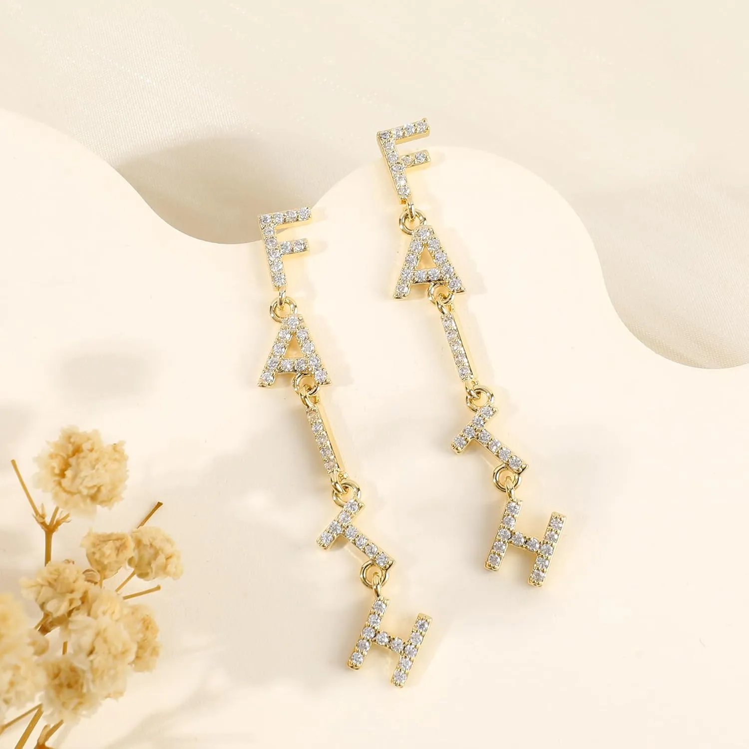 Gold Dangle Letter Earrings for Women 14K Gold Plated Long Alphabet Earrings Drop Cubic Zirconia Lightweight Dainty QUEEN DREAM FAITH HOPE LUCKY LOVE Statement Earrings Trendy Jewelry Gifts for Women