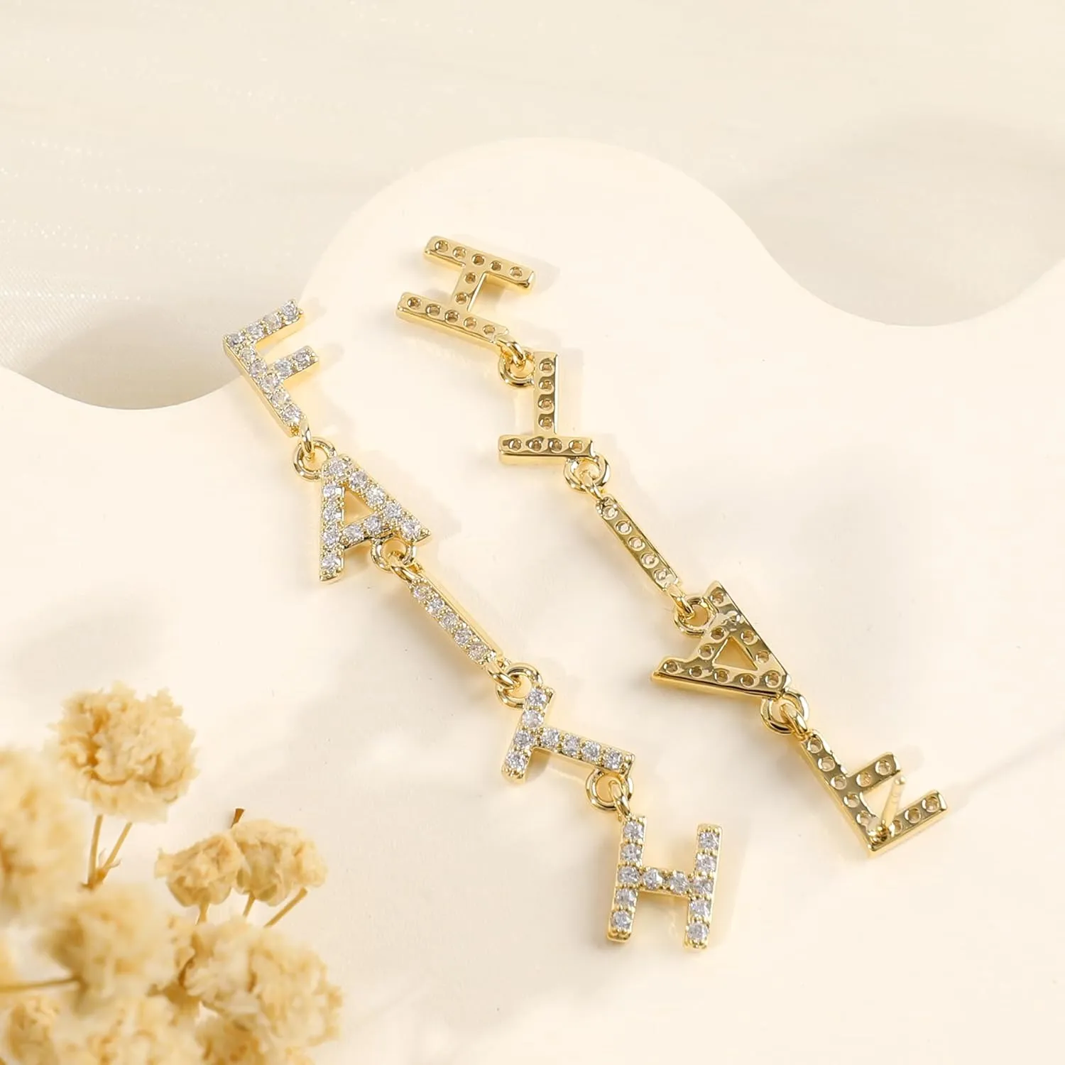 Gold Dangle Letter Earrings for Women 14K Gold Plated Long Alphabet Earrings Drop Cubic Zirconia Lightweight Dainty QUEEN DREAM FAITH HOPE LUCKY LOVE Statement Earrings Trendy Jewelry Gifts for Women
