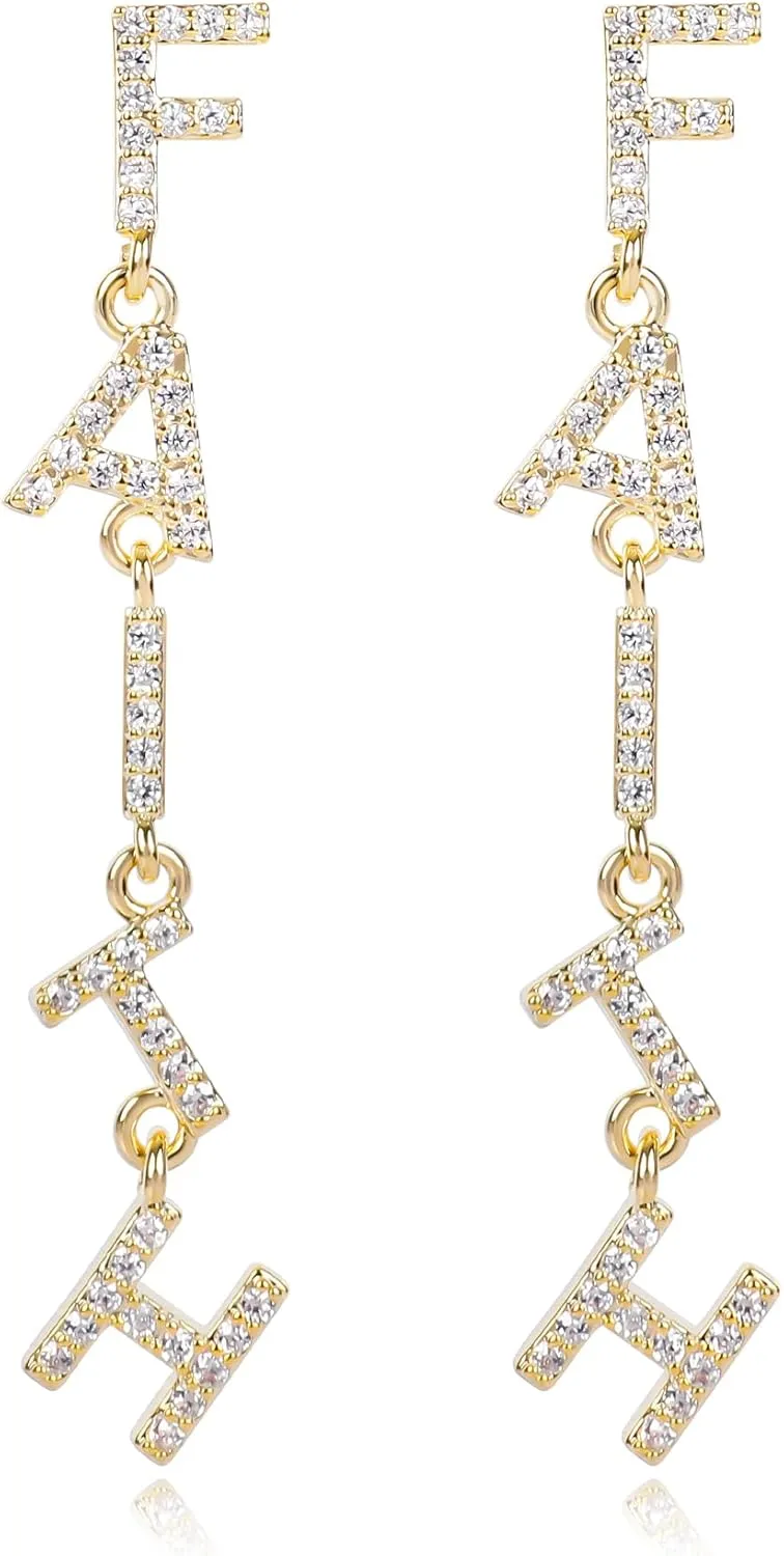 Gold Dangle Letter Earrings for Women 14K Gold Plated Long Alphabet Earrings Drop Cubic Zirconia Lightweight Dainty QUEEN DREAM FAITH HOPE LUCKY LOVE Statement Earrings Trendy Jewelry Gifts for Women