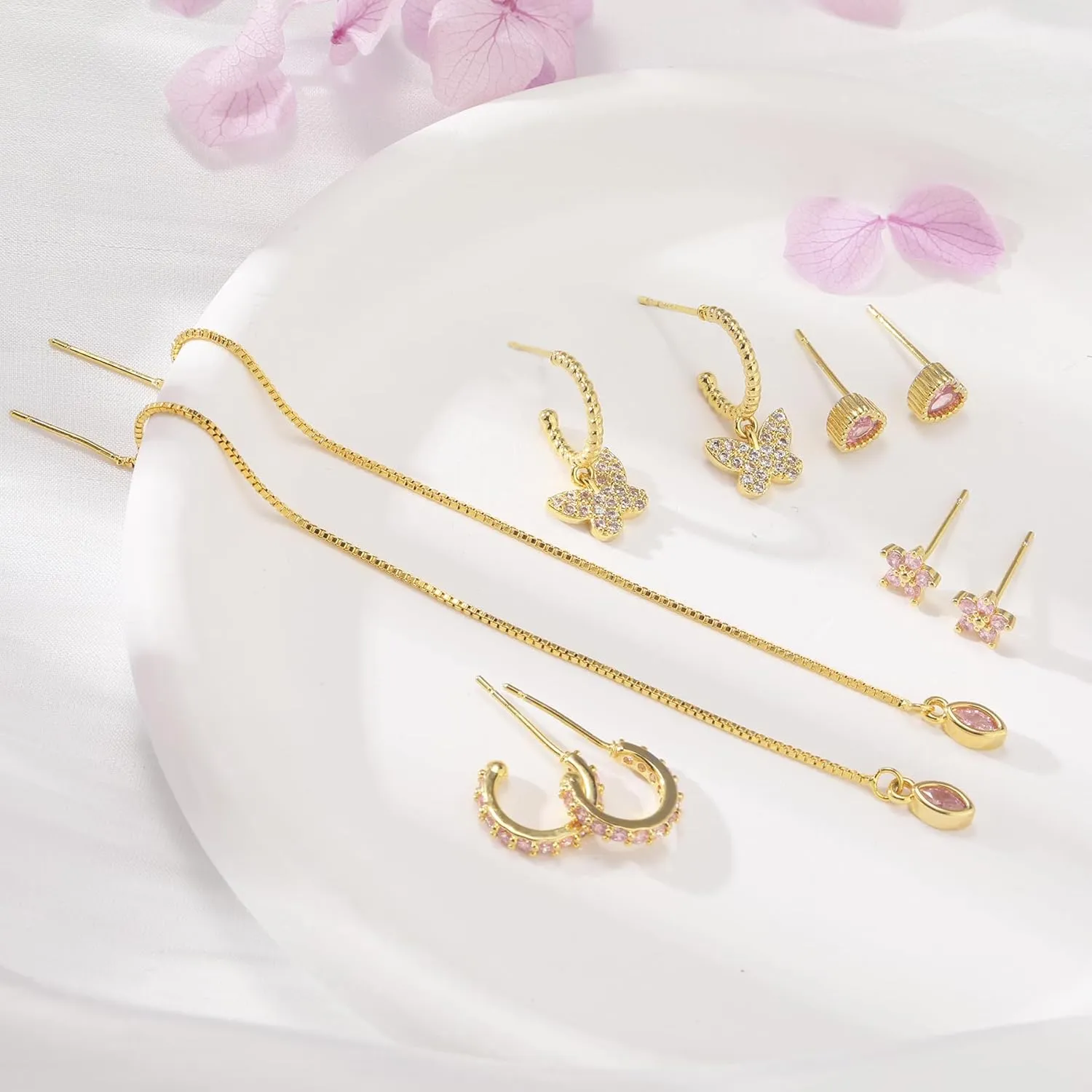 Gold Earrings Set for Women 14K Gold Plated Cubic Zirconia Love Heart Bowknot Clover Fruit Flower Insect Ocean Cross Huggie Hoop Earrings Stud Earrings Set for Multiple Piercing Party Jewelry Gifts