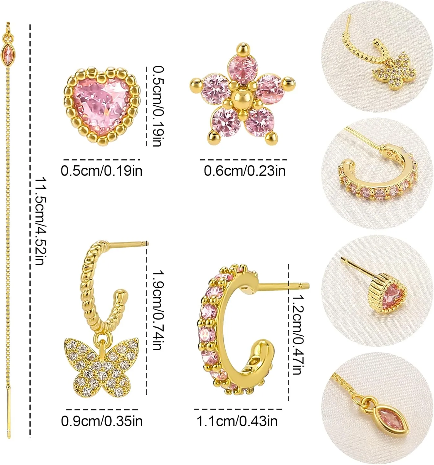 Gold Earrings Set for Women 14K Gold Plated Cubic Zirconia Love Heart Bowknot Clover Fruit Flower Insect Ocean Cross Huggie Hoop Earrings Stud Earrings Set for Multiple Piercing Party Jewelry Gifts