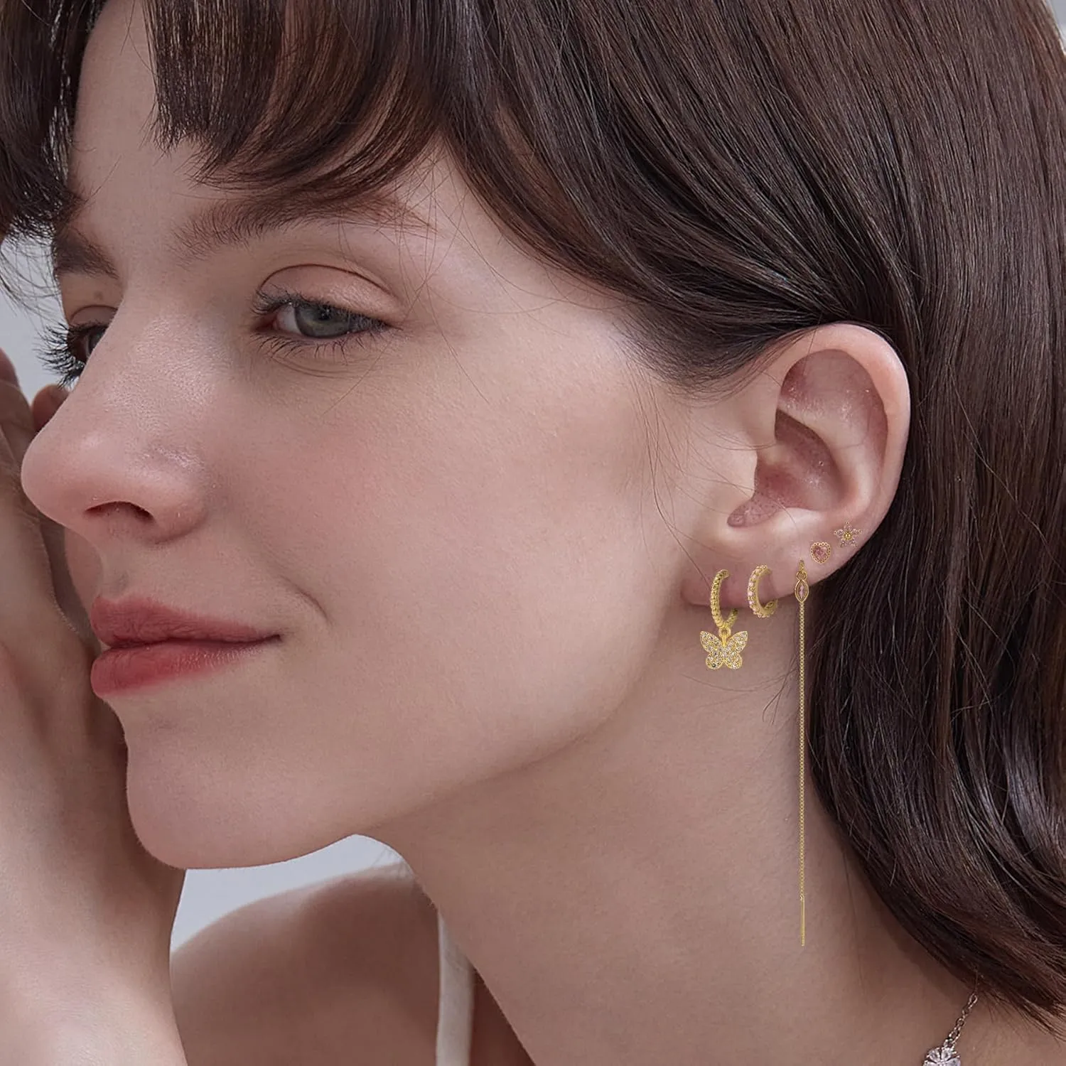 Gold Earrings Set for Women 14K Gold Plated Cubic Zirconia Love Heart Bowknot Clover Fruit Flower Insect Ocean Cross Huggie Hoop Earrings Stud Earrings Set for Multiple Piercing Party Jewelry Gifts