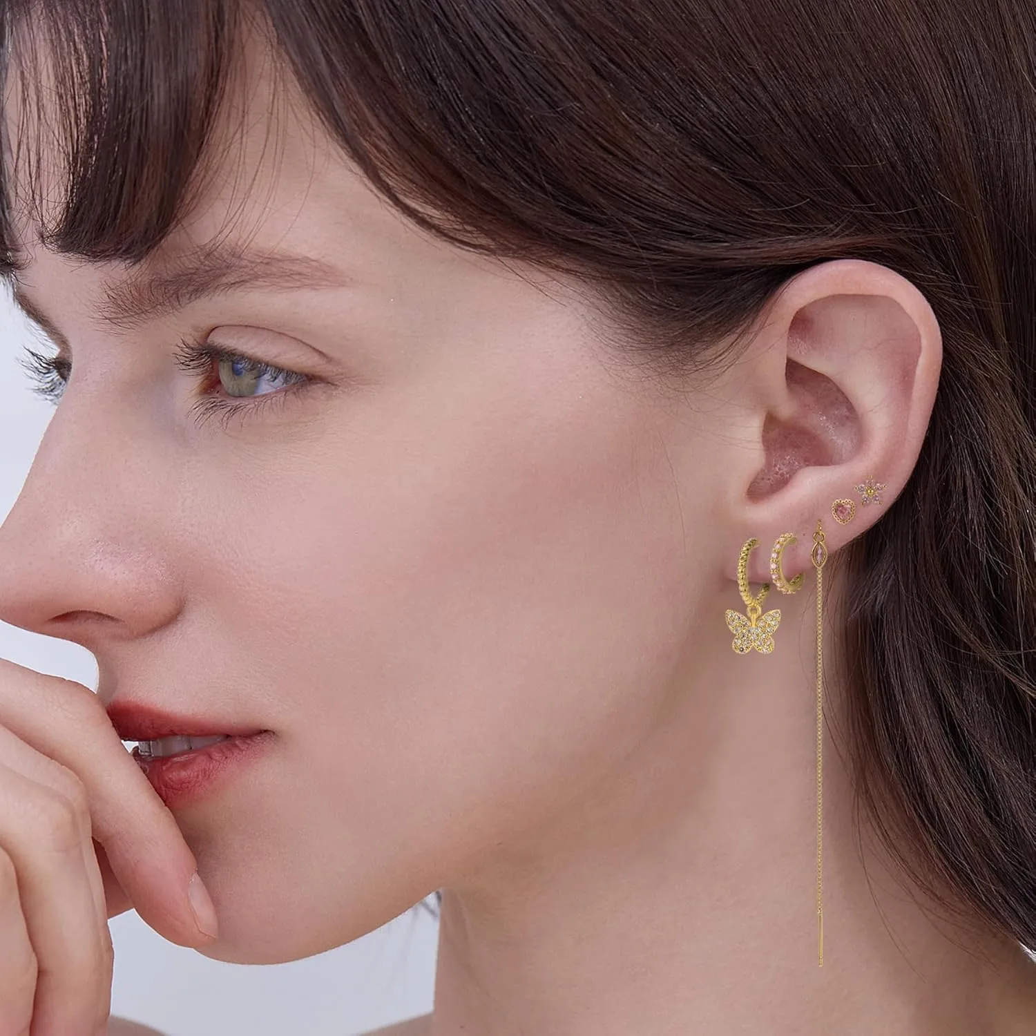 Gold Earrings Set for Women 14K Gold Plated Cubic Zirconia Love Heart Bowknot Clover Fruit Flower Insect Ocean Cross Huggie Hoop Earrings Stud Earrings Set for Multiple Piercing Party Jewelry Gifts