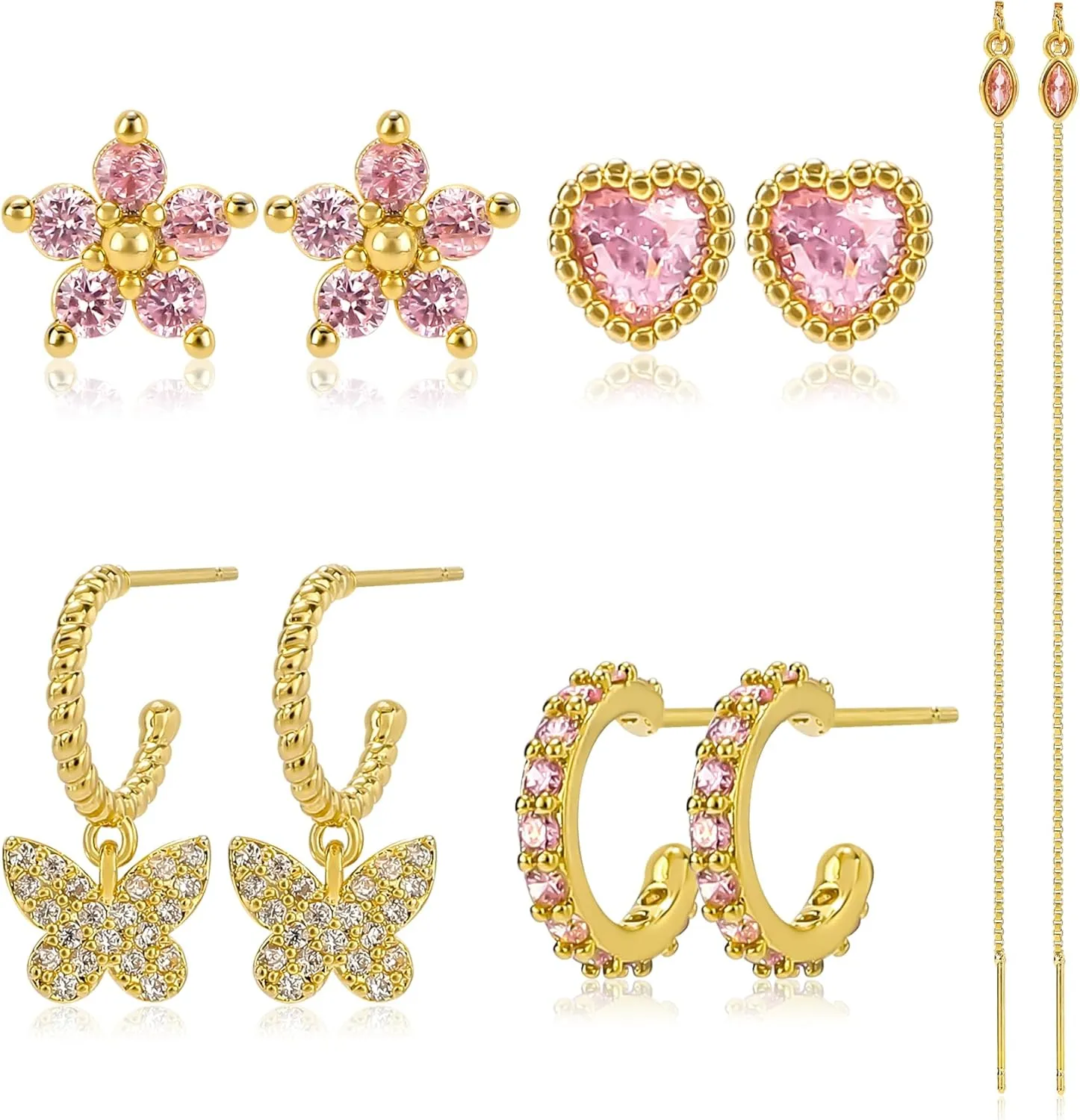 Gold Earrings Set for Women 14K Gold Plated Cubic Zirconia Love Heart Bowknot Clover Fruit Flower Insect Ocean Cross Huggie Hoop Earrings Stud Earrings Set for Multiple Piercing Party Jewelry Gifts
