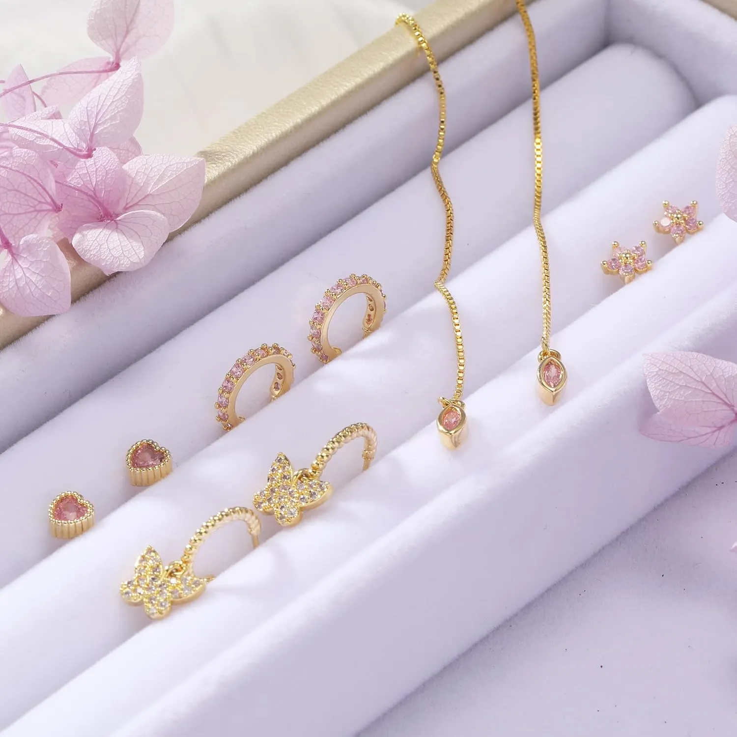 Gold Earrings Set for Women 14K Gold Plated Cubic Zirconia Love Heart Bowknot Clover Fruit Flower Insect Ocean Cross Huggie Hoop Earrings Stud Earrings Set for Multiple Piercing Party Jewelry Gifts
