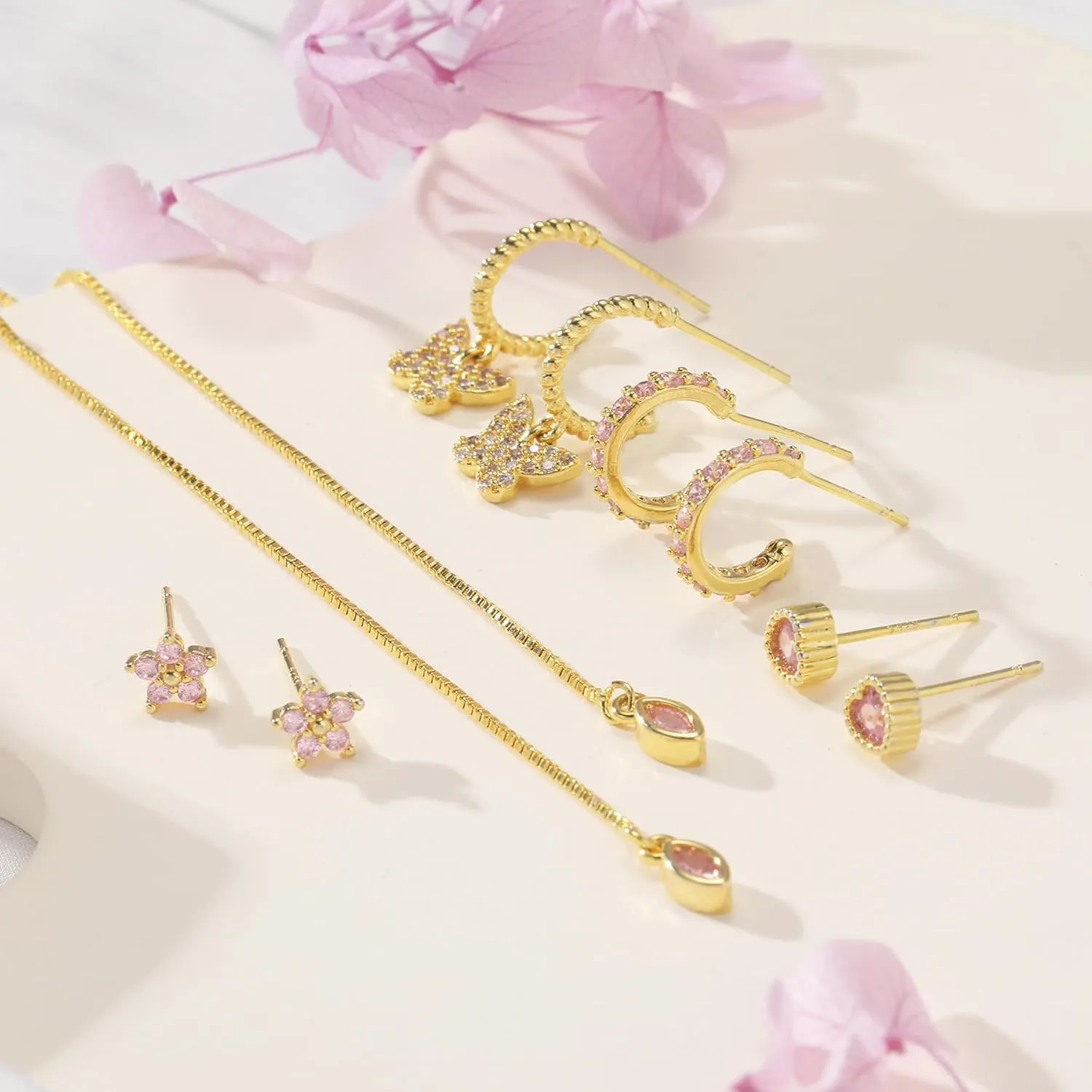 Gold Earrings Set for Women 14K Gold Plated Cubic Zirconia Love Heart Bowknot Clover Fruit Flower Insect Ocean Cross Huggie Hoop Earrings Stud Earrings Set for Multiple Piercing Party Jewelry Gifts