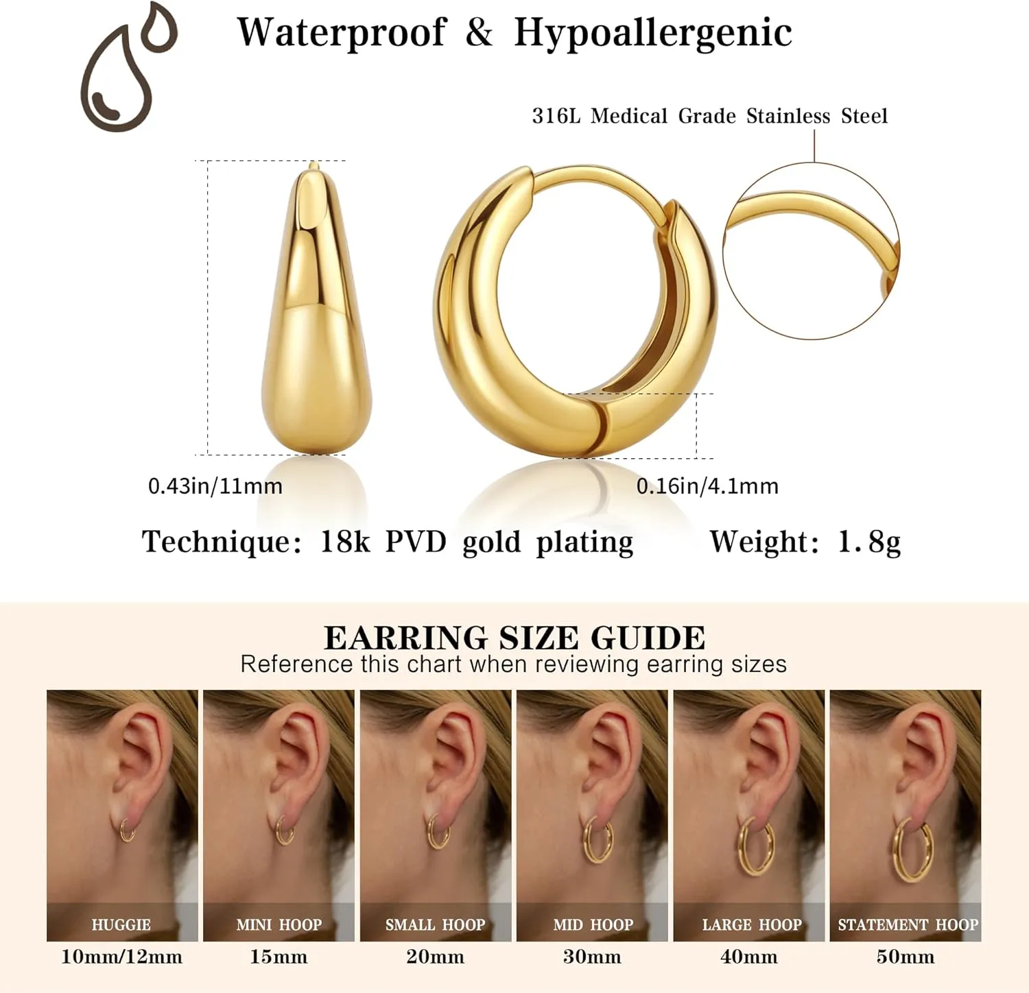 Gold Hoop Earrings 0.4 inch Stainless Steel Dangle Earrings High Polishing Chunky Gold Statement Ear Ring Non Tarnish Hypoallergenic Earrings for Women