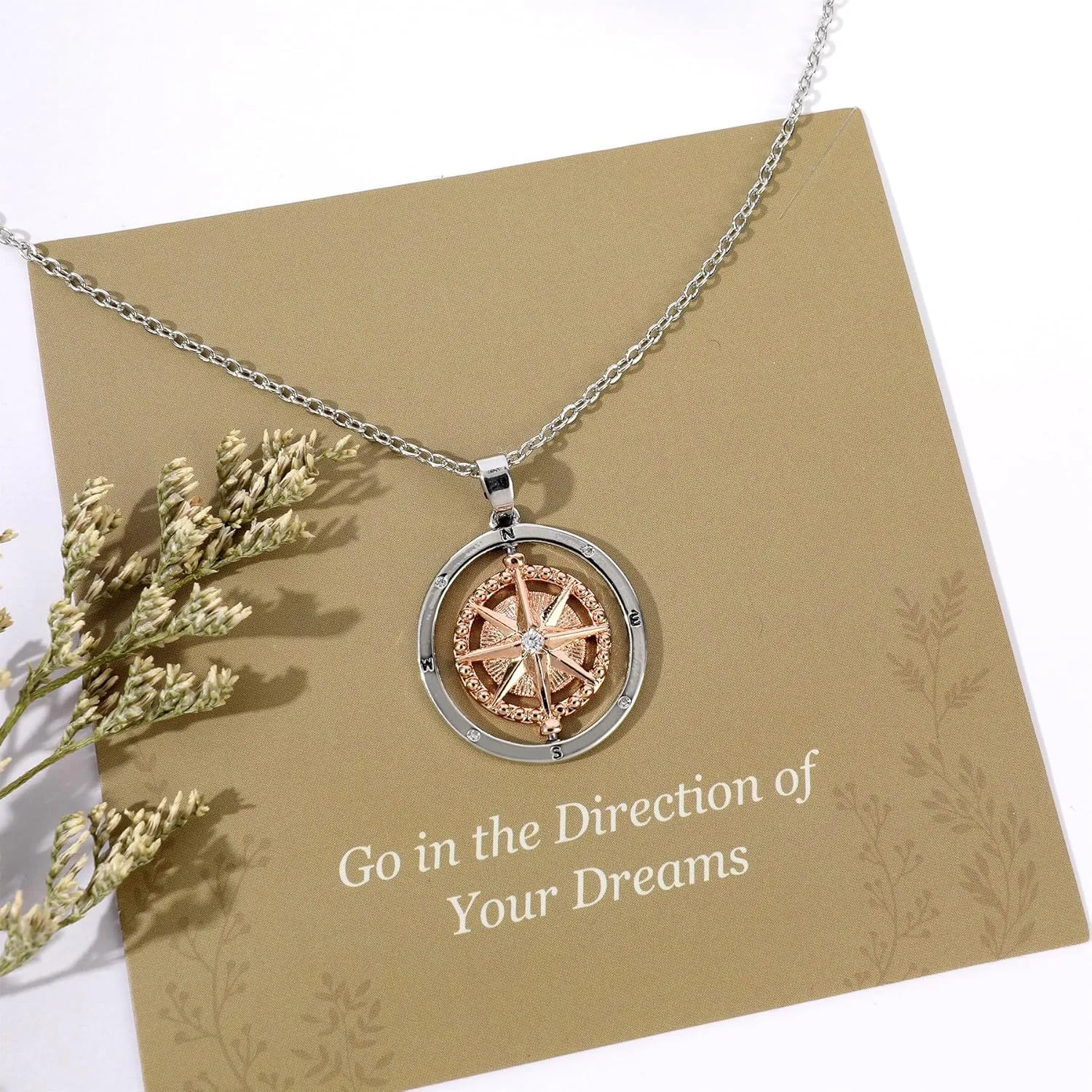 Gold North Star Compass Necklace for Women, 14K Plated Gold & Silver Compass Pendant Necklace with Inspirational Words and Cubic Zirconia Star Anniversary Birthday Graduation Gifts for Women Men