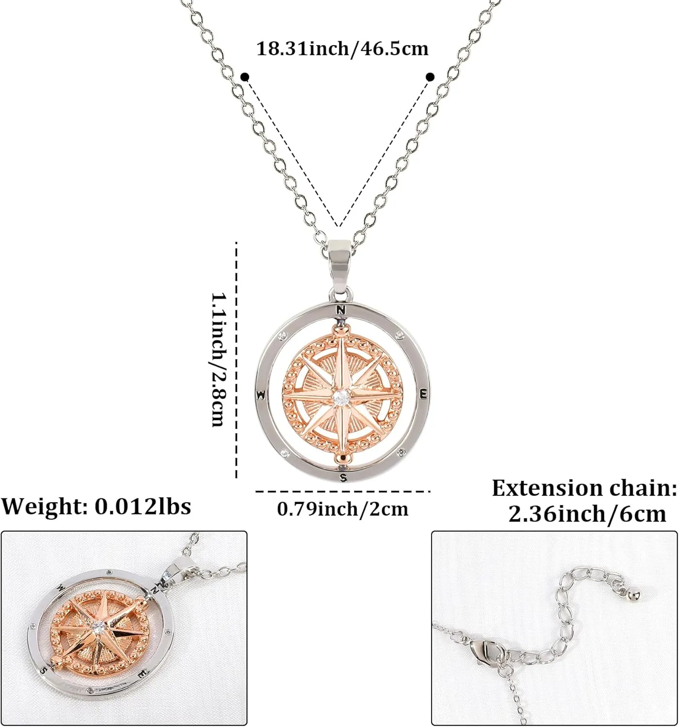 Gold North Star Compass Necklace for Women, 14K Plated Gold & Silver Compass Pendant Necklace with Inspirational Words and Cubic Zirconia Star Anniversary Birthday Graduation Gifts for Women Men