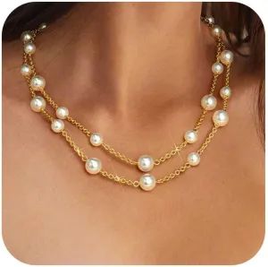 Gold Pearl Necklace for Women, Chunky 18K Gold Plated Layered Choker Chain - Double Layered Pearl Necklace, Trendy Gold Jewelry Birthday Gifts