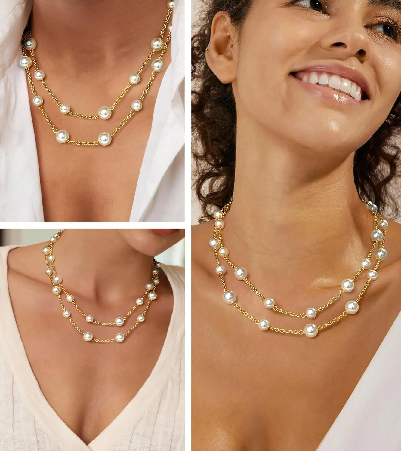 Gold Pearl Necklace for Women, Chunky 18K Gold Plated Layered Choker Chain - Double Layered Pearl Necklace, Trendy Gold Jewelry Birthday Gifts