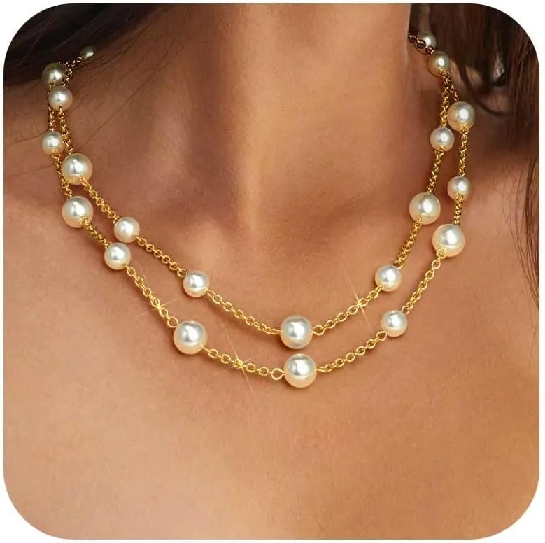 Gold Pearl Necklace for Women, Chunky 18K Gold Plated Layered Choker Chain - Double Layered Pearl Necklace, Trendy Gold Jewelry Birthday Gifts