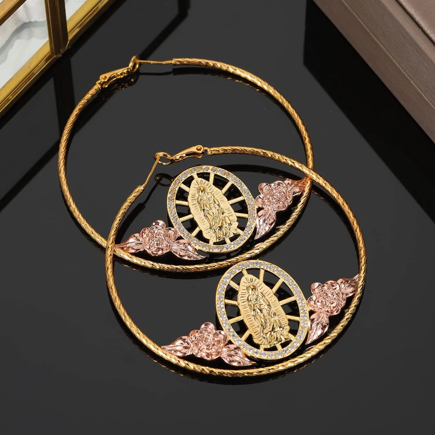 GOLD PLATED TRI COLOR VIRGIN MARY FLOWER HOOP EARRINGS VIRGEN GUADALUPE ARETES ARRACADAS Tri-Color Virgin Mary Flower Hoop Earrings - Gold Plated Gold Plated