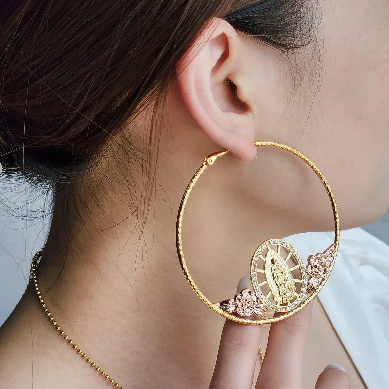 GOLD PLATED TRI COLOR VIRGIN MARY FLOWER HOOP EARRINGS VIRGEN GUADALUPE ARETES ARRACADAS Tri-Color Virgin Mary Flower Hoop Earrings - Gold Plated Gold Plated