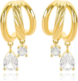 Gold Triple Hoop Earrings for Women with Cubic Zirconia 14K Gold Plated Spiral Twist Earrings Triple Hoop Earrings for Single Piercing Open Hoop Earrings for One Hole Trendy Jewelry Gift for Women