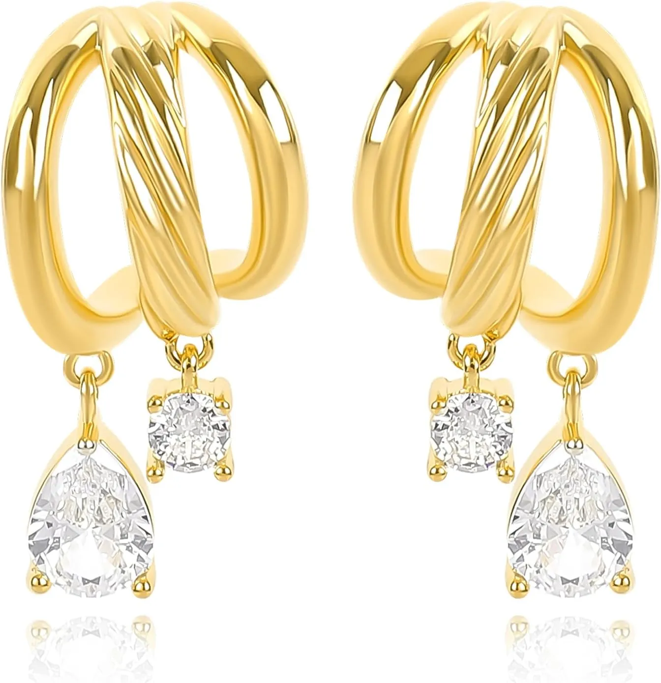 Gold Triple Hoop Earrings for Women with Cubic Zirconia 14K Gold Plated Spiral Twist Earrings Triple Hoop Earrings for Single Piercing Open Hoop Earrings for One Hole Trendy Jewelry Gift for Women
