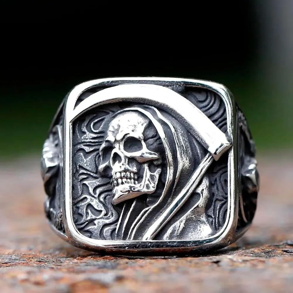 Gothic Skull Ring Stainless Steel Signet Ring for Men Reaper Ring with Hook Design Jewelry Gift