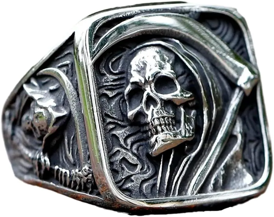 Gothic Skull Ring Stainless Steel Signet Ring for Men Reaper Ring with Hook Design Jewelry Gift