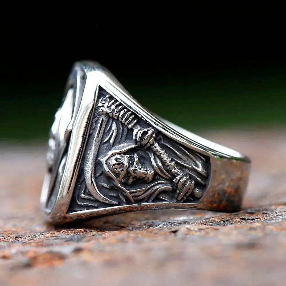 Gothic Skull Ring Stainless Steel Signet Ring for Men Reaper Ring with Hook Design Jewelry Gift