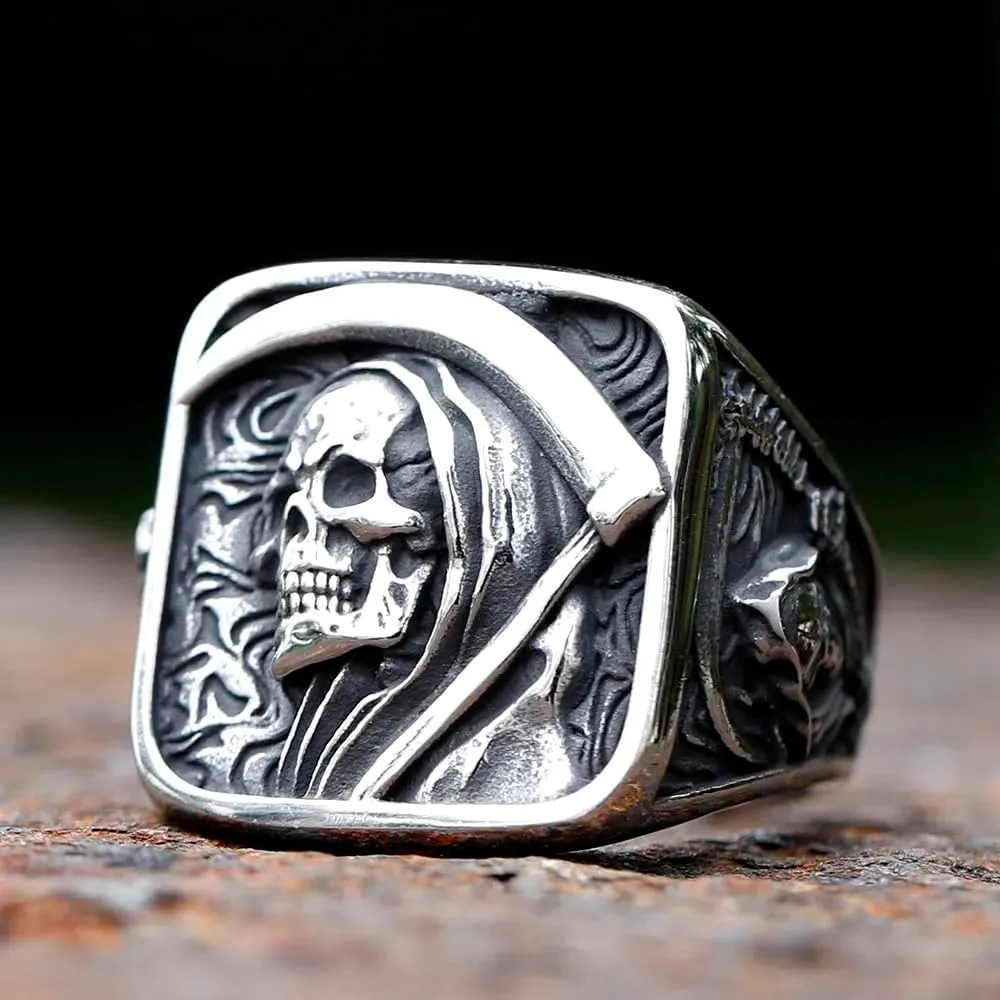 Gothic Skull Ring Stainless Steel Signet Ring for Men Reaper Ring with Hook Design Jewelry Gift