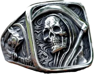 Gothic Skull Ring Stainless Steel Signet Ring for Men Reaper Ring with Hook Design Jewelry Gift