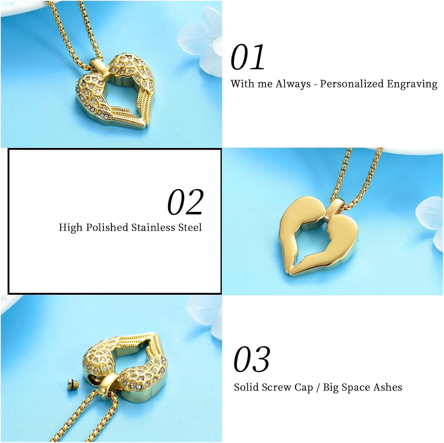 Guardian Angel Wings Heart Cremation Jewelry for Ashes Of Loved Ones Keepsake Memorial Urn Pendant Necklace Women Girls