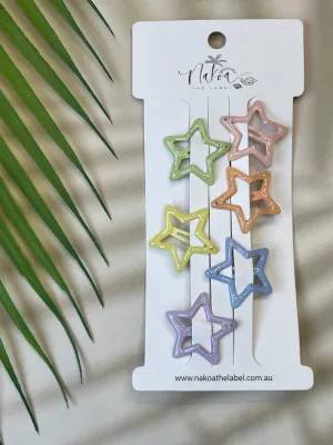 Hair Clip - Set of 6 - Star - Pastel Glitter