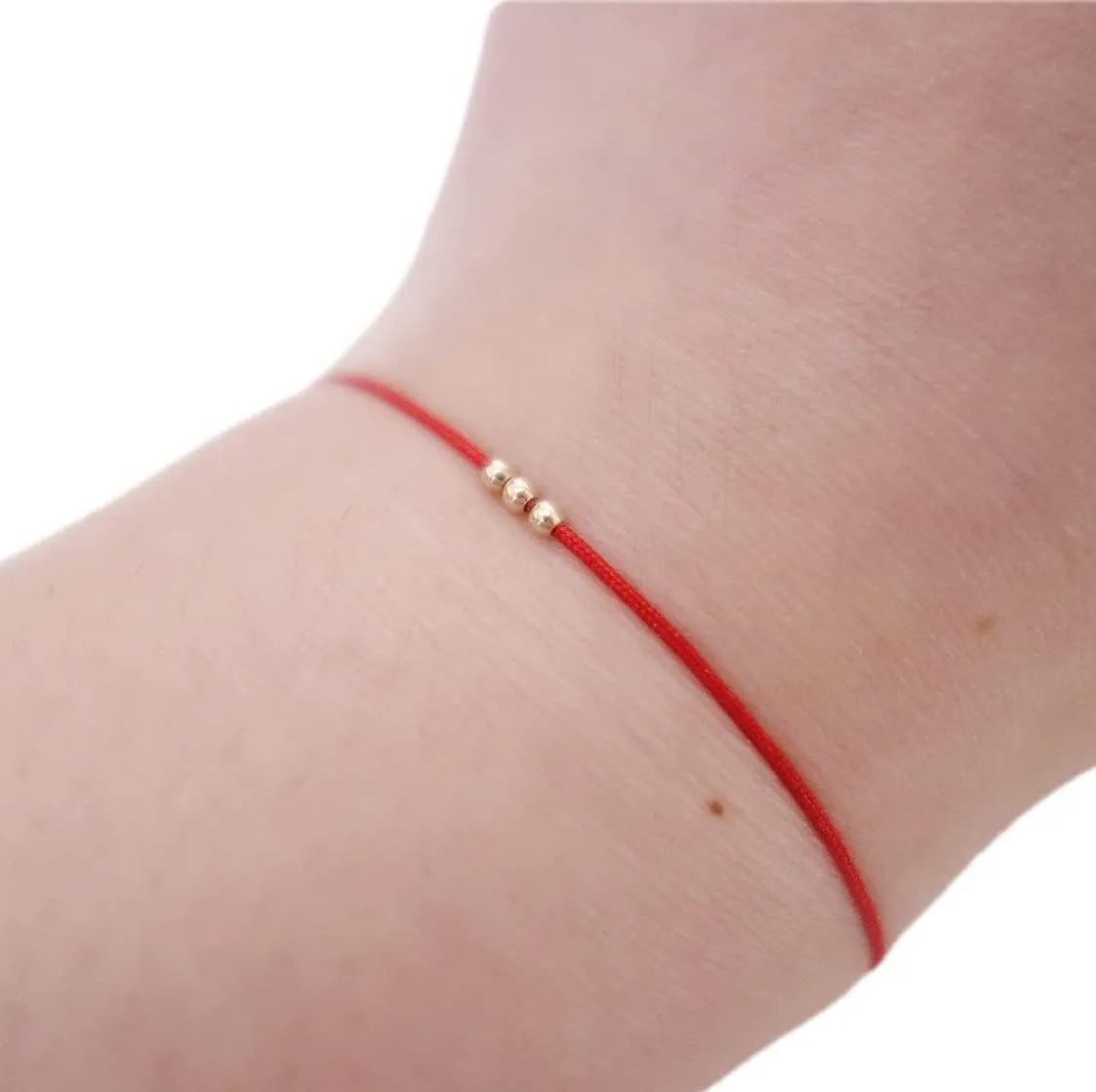 Hand Made 3 beads 14K SOLID GOLD Red String Bracelet Amulet Kabbalah Red String Of Fate Protection Good Luck Healing Anxiety Friendship Birthday Gift Make A Wish Lucky Charm Couple Women Men Teenagers