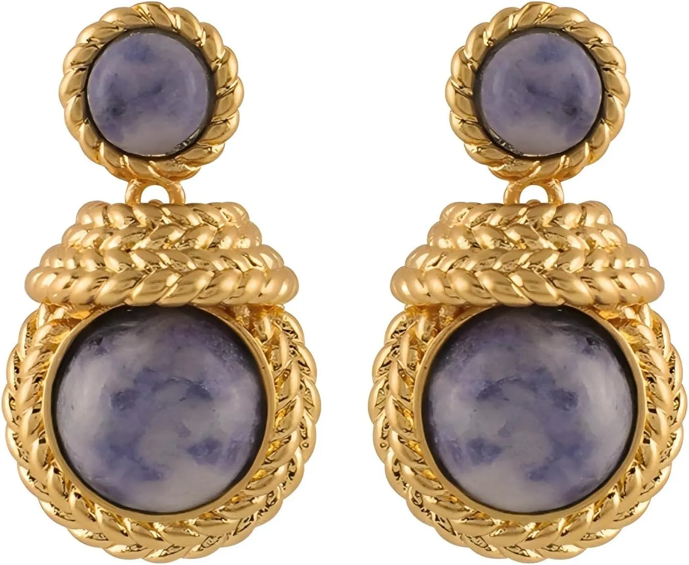 Handmade Blue Natural Gemstone Dangle Earrings - 18K Gold Plated Brass Twisted Rope Design, S925 Sterling Silver Posts Hypoallergenic Jewelry Gift for Women