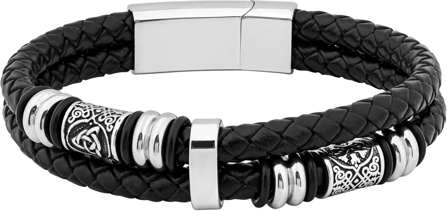 HAQUIL Stainless Steel Celtic Knot Bead Double Braided Leather Bracelet for Men, Celtic Jewelry Gift