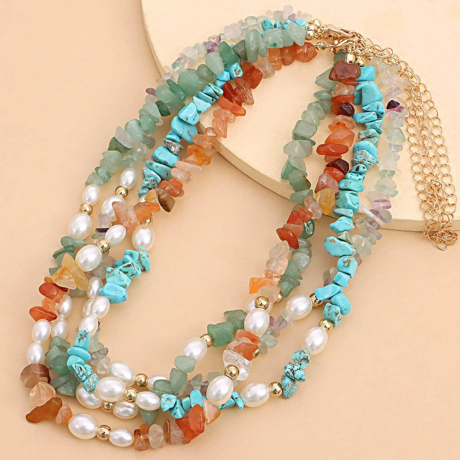 Healing Stone Chakra Crystal Carnelian Choker Necklace Natural Reiki Quartz Turquoise Imitation Pearl Necklace for Women Spiritual Jewelry