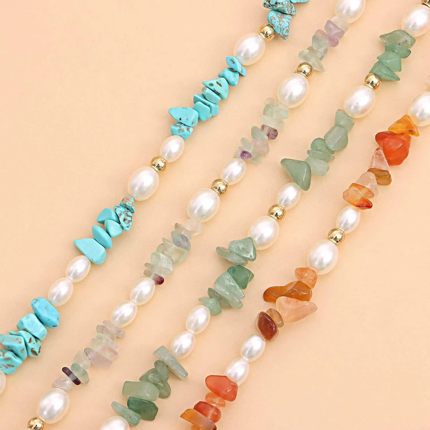 Healing Stone Chakra Crystal Carnelian Choker Necklace Natural Reiki Quartz Turquoise Imitation Pearl Necklace for Women Spiritual Jewelry