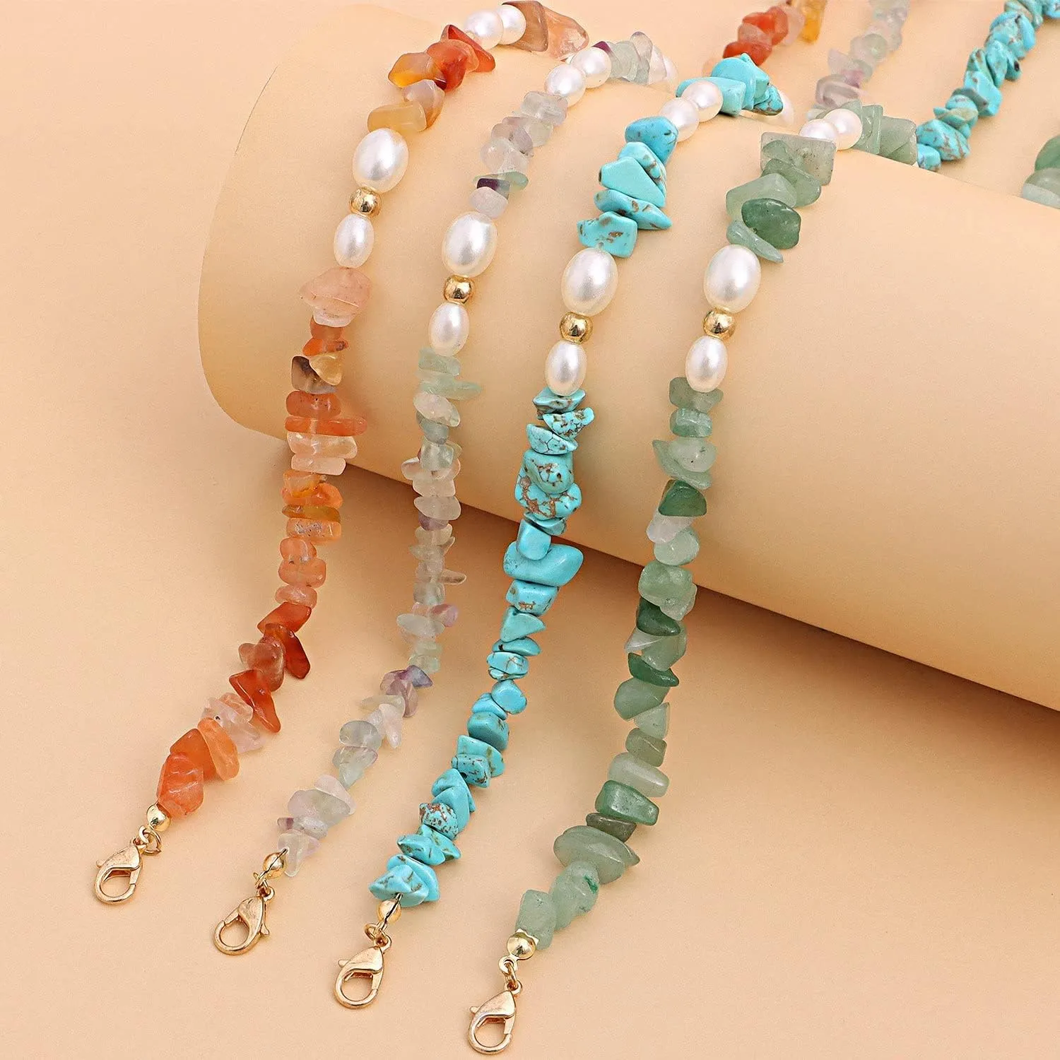 Healing Stone Chakra Crystal Carnelian Choker Necklace Natural Reiki Quartz Turquoise Imitation Pearl Necklace for Women Spiritual Jewelry